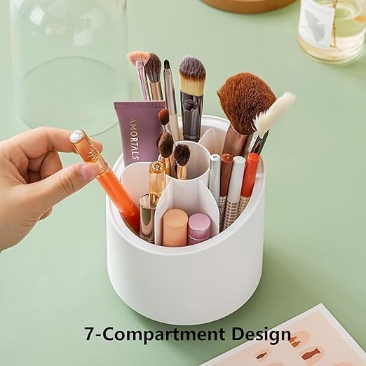 360 Degree Rotating Makeup Brush Holder | Cosmetic Brush Storage Box for Dressing Table/Desk/Vanity | Brush Bucket with Dust Cover | Beauty Storage Display Case Stand (White)