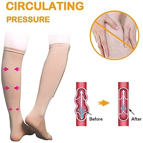 2 Pairs Compression Socks Toe Open Leg Support Stocking Knee High Socks with Zipper