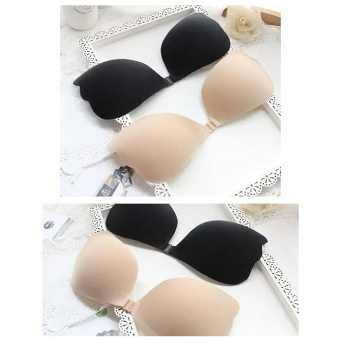Women's & Girls Padded Wire Free Regular Reusable Strapless Wire Free Stick-On Silicone Push Up Free Wing Bra (1 Pair - Black)