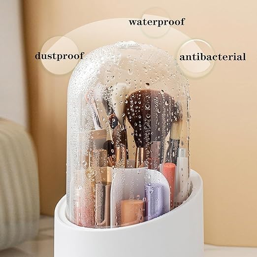 360 Degree Rotating Makeup Brush Holder | Cosmetic Brush Storage Box for Dressing Table/Desk/Vanity | Brush Bucket with Dust Cover | Beauty Storage Display Case Stand (White)