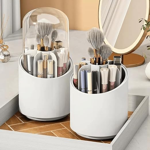 360 Degree Rotating Makeup Brush Holder | Cosmetic Brush Storage Box for Dressing Table/Desk/Vanity | Brush Bucket with Dust Cover | Beauty Storage Display Case Stand (White)