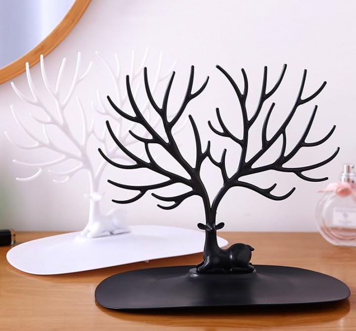 Plastic Deer/Antlers Jewelry Holder Deer Tree | Creative Sika Deer Tree Tray Display Stand Holder (White/Black)