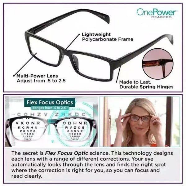 One Power Readers Auto Focus Reading Glasses, Computer Screens Unisex Adjustable Eye Glasses, Flex Focus Auto Adjusting Optic for Women and Men Magnifying Readers (pcs 1)