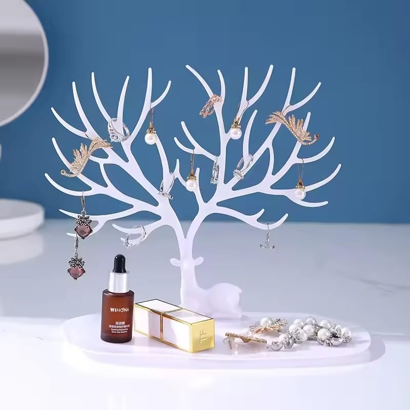Plastic Deer/Antlers Jewelry Holder Deer Tree | Creative Sika Deer Tree Tray Display Stand Holder (White/Black)