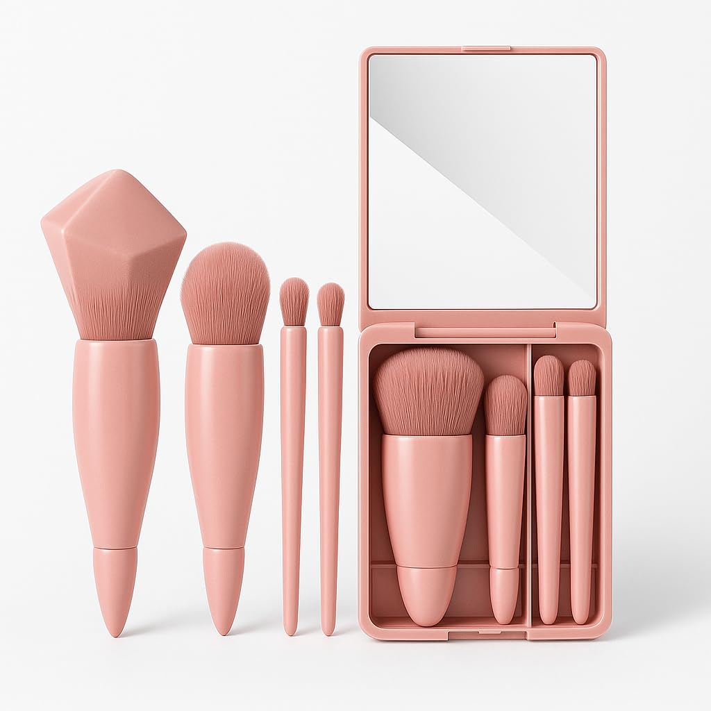 5-in-1 Mini Makeup Brush Set with Mirror – Travel-Friendly Foundation, Eyeshadow, Blush & Powder Brushes in Compact Case for Women & Girls