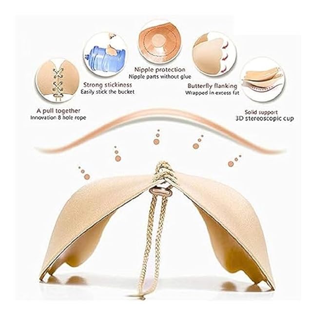 360° Silicone Wired Stick-On Bra – Invisible Sticky, Strapless, Backless Gel Adhesive Push‑Up Bra in Nude (Free‑Size)