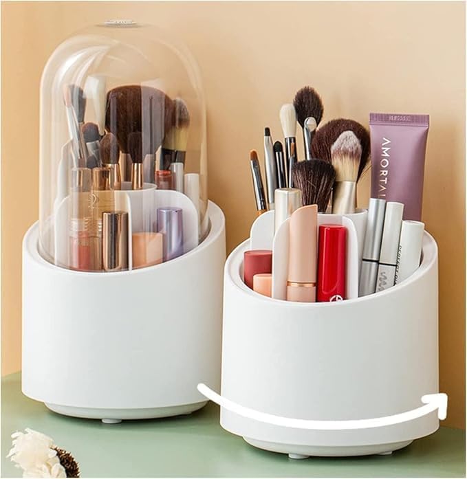 360 Degree Rotating Makeup Brush Holder | Cosmetic Brush Storage Box for Dressing Table/Desk/Vanity | Brush Bucket with Dust Cover | Beauty Storage Display Case Stand (White)