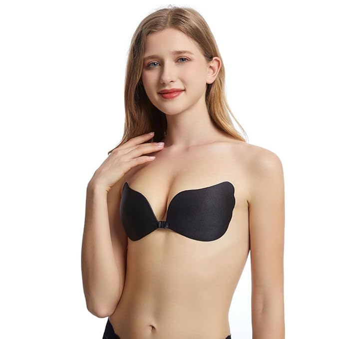 Women's & Girls Padded Wire Free Regular Reusable Strapless Wire Free Stick-On Silicone Push Up Free Wing Bra (1 Pair - Black)