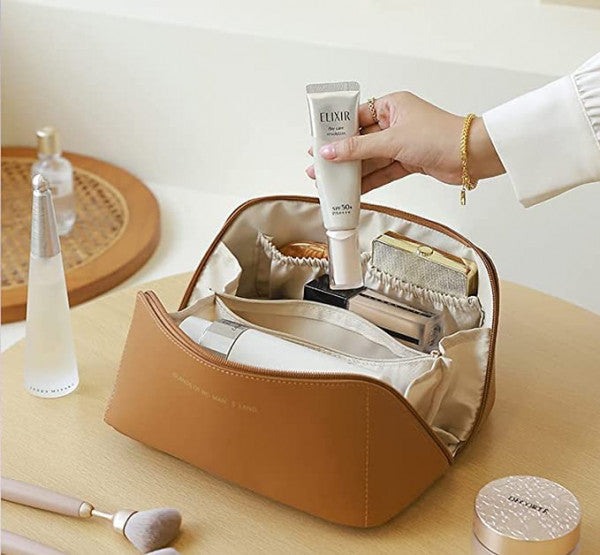 Women’s Large Capacity Cosmetic Travel Bag - Waterproof Leather Makeup Organizer with Wide Opening, Dividers with Handle (Cross Open, Brown)