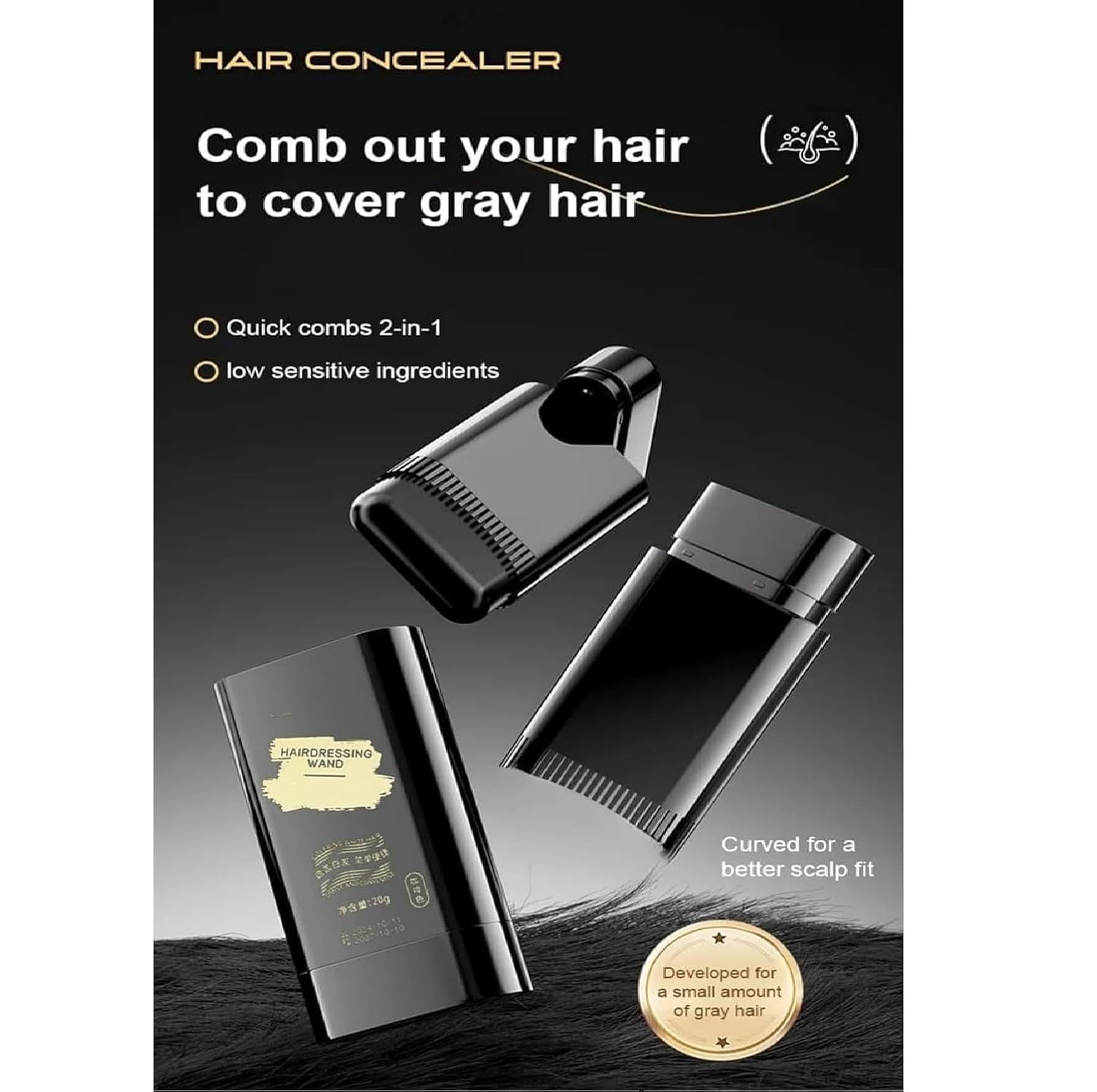 New Hair Color Comb Stick, Waterproof and Sweat-Proof Grey Hair Coverage for Men & Women, Easy Application BLACK (BLACK)