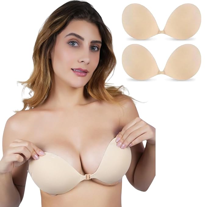 Strapless Sticky Push Up Bra for Women | Invisible Backless Silicone Adhesive Bra with Front Clasp | Reusable Free Size for Saree, Gown & Party Dress Combo Pack of 2