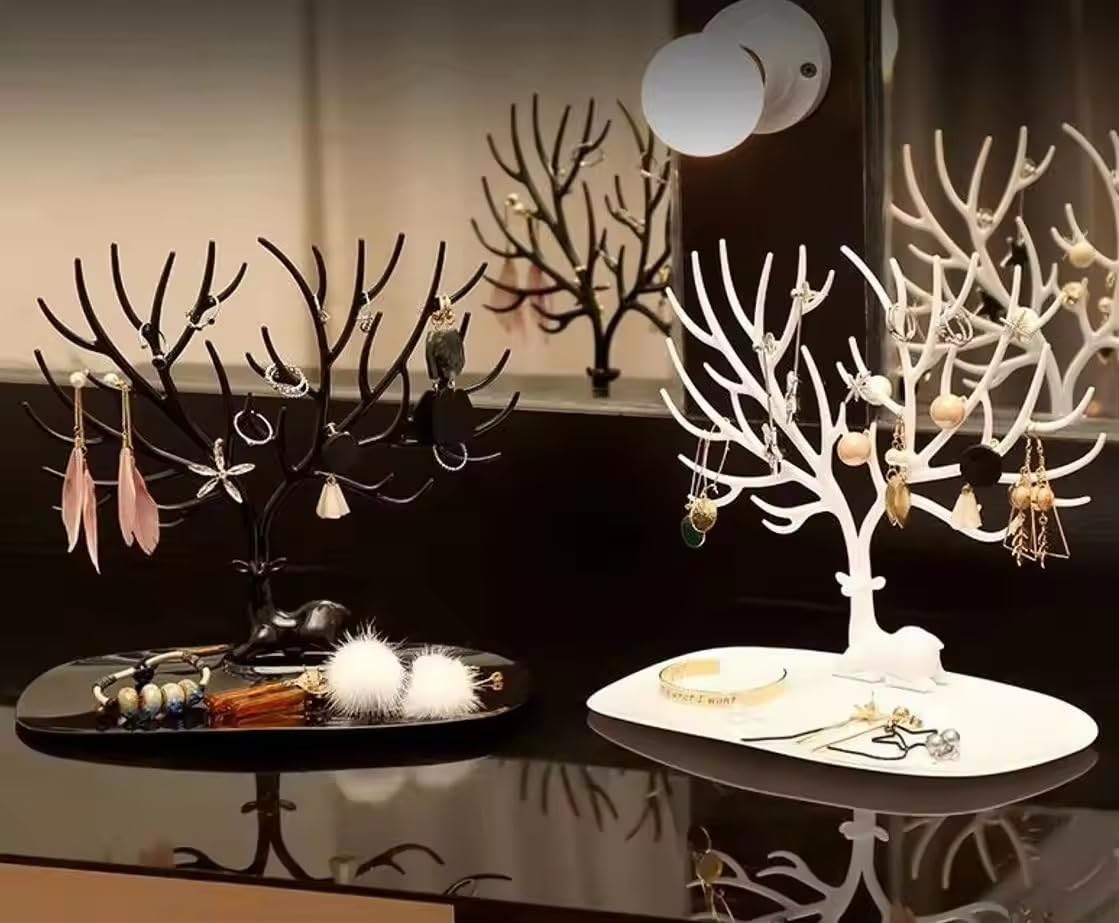 Plastic Deer/Antlers Jewelry Holder Deer Tree | Creative Sika Deer Tree Tray Display Stand Holder (White/Black)