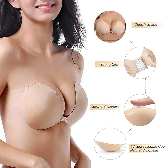 Strapless Sticky Push Up Bra for Women | Invisible Backless Silicone Adhesive Bra with Front Clasp | Reusable Free Size for Saree, Gown & Party Dress Combo Pack of 2