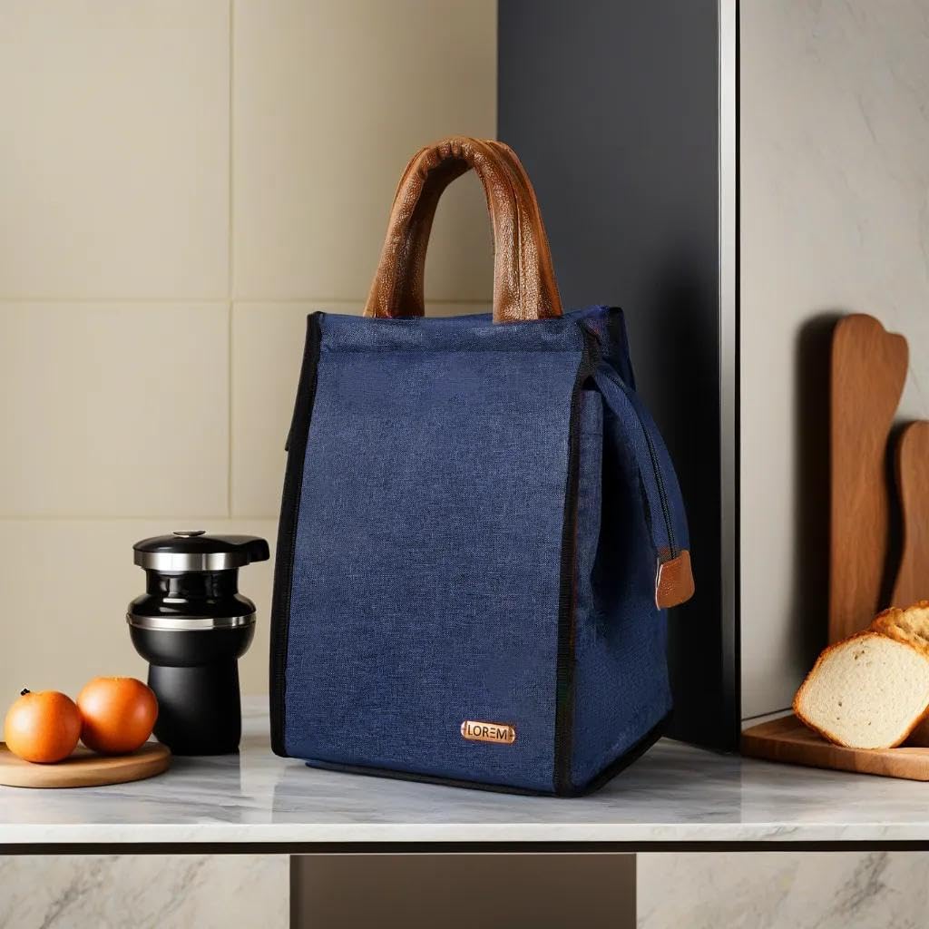 Faux Leather Blue Color Insulated Lunch Tote with Zipper Closure & Handle, Waterproof Reusable Lunch Bag for School, Office, Camping, Outdoor Activities (Blue), 11 Litre