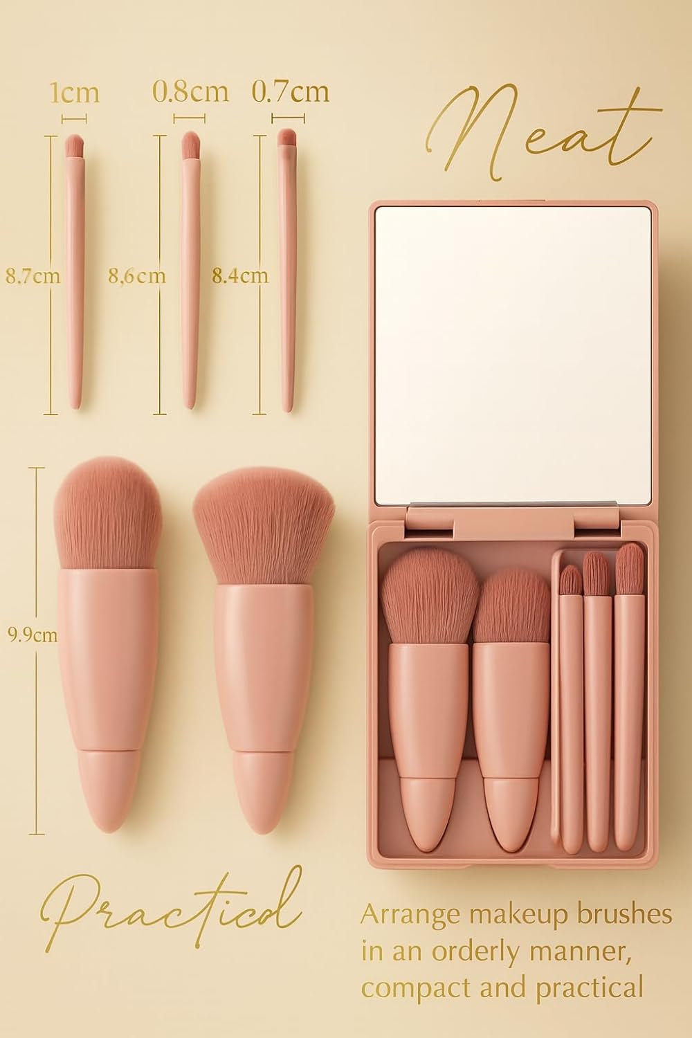 5-in-1 Mini Makeup Brush Set with Mirror – Travel-Friendly Foundation, Eyeshadow, Blush & Powder Brushes in Compact Case for Women & Girls