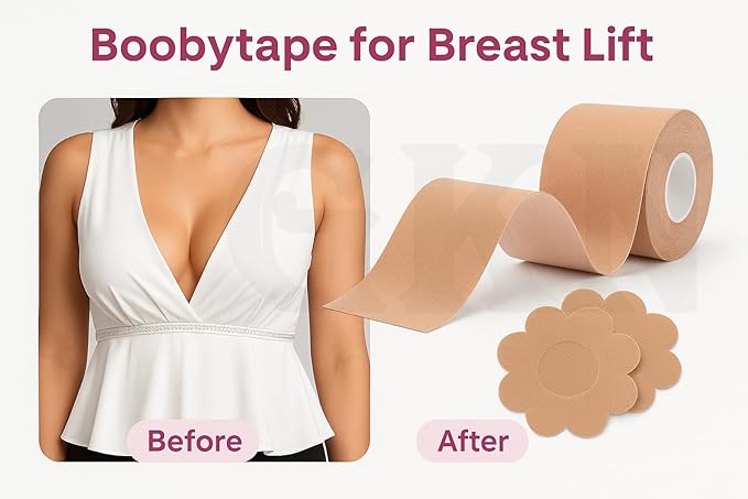 Boob Tape for Breast Lift, Breast Adhesive Tape, Body Tape with Nipple Cover, Beige, 2 Roll