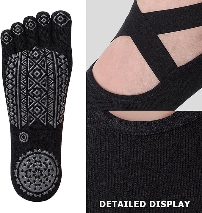 Non Slip Finger Yoga Socks For Women Girls,Anti Slip Five Toe Full Lenght Cotton Regular Socks For Gym Workout,Yoga For Girls Women At Home, Black (Pack Of 2, Total 4 piece)