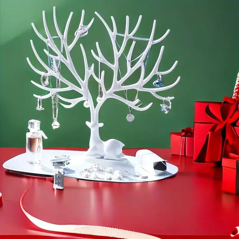 Plastic Deer/Antlers Jewelry Holder Deer Tree | Creative Sika Deer Tree Tray Display Stand Holder (White/Black)
