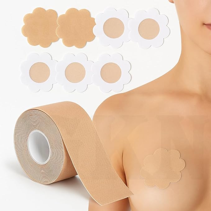 Boob Tape for Breast Lift, Breast Adhesive Tape, Body Tape with Nipple Cover, Beige, 2 Roll