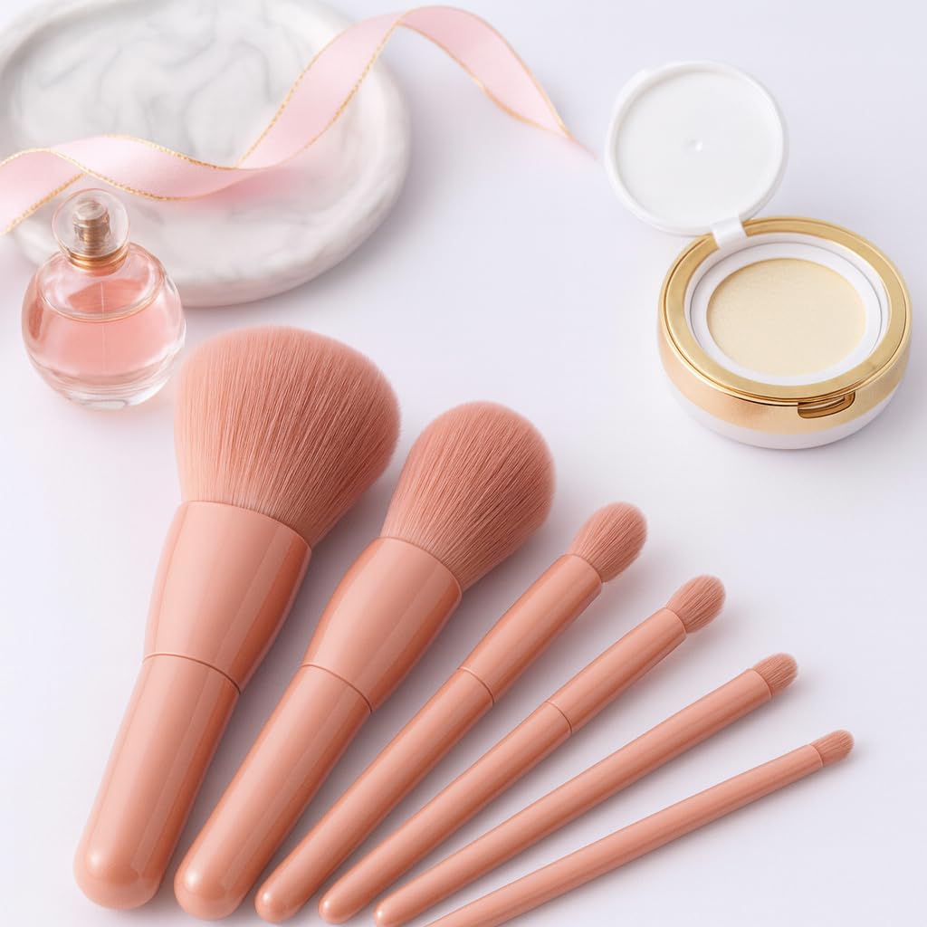 5-in-1 Mini Makeup Brush Set with Mirror – Travel-Friendly Foundation, Eyeshadow, Blush & Powder Brushes in Compact Case for Women & Girls