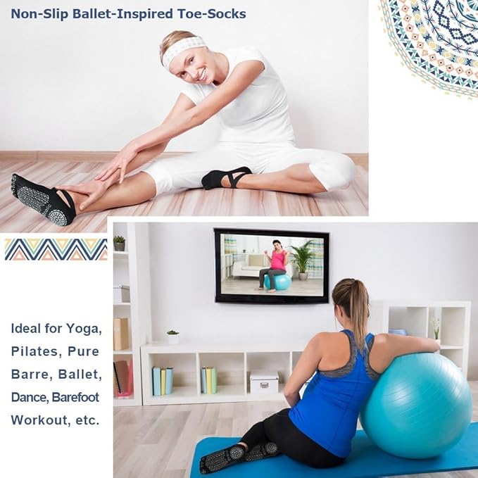 Non Slip Finger Yoga Socks For Women Girls,Anti Slip Five Toe Full Lenght Cotton Regular Socks For Gym Workout,Yoga For Girls Women At Home, Black (Pack Of 2, Total 4 piece)