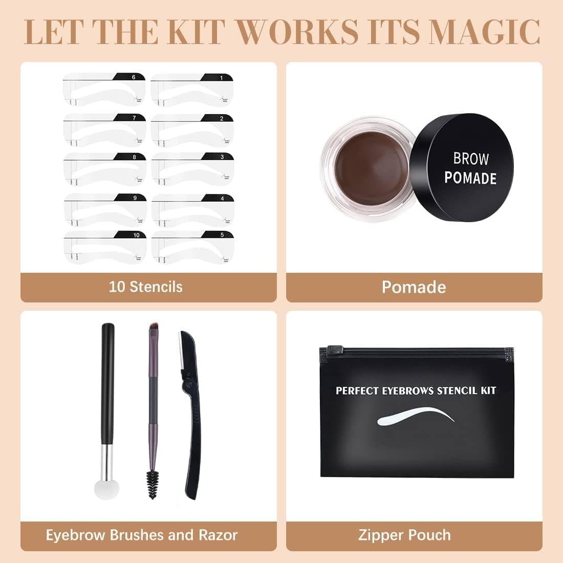 Eyebrow Stamp Shaping Stencil Kit with Reusable Eyebrow Stencils Sticker,1 Double-End Brush and 1 Sponge Applicator,1 Razor,Long-Lasting Waterproof Eyebrow Kit