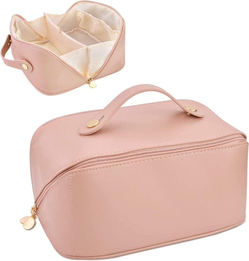 Women’s Large Capacity Cosmetic Travel Bag - Waterproof Leather Makeup Organizer with Wide Opening, Dividers with Handle (Cross Open, Brown)