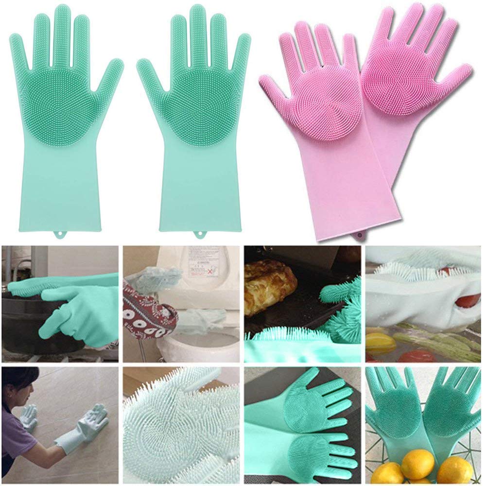 Gloves Magic Silicone Dish Washing Gloves, Silicon Cleaning Gloves, Silicon Hand Gloves for Kitchen Dishwashing and Pet Grooming, Great for Washing Dish, Car, Bathroom (Multicolour, 2 Pair)