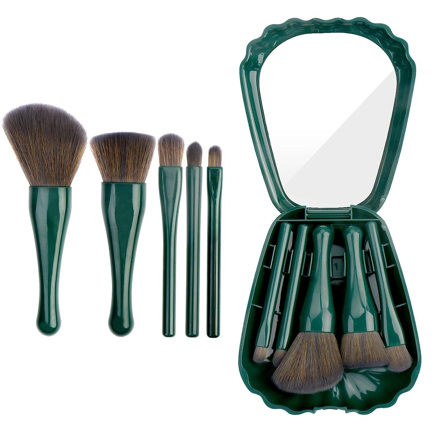 5 Pcs Makeup Brush Green 5-in-1 Mini Makeup Brush Set for Face & Eyes | Travel-Friendly Cosmetic Kit for Foundation, Blush, Eyeshadow & Powder | Compact & Portable Beauty Tool for Women & Girls (multicolor)