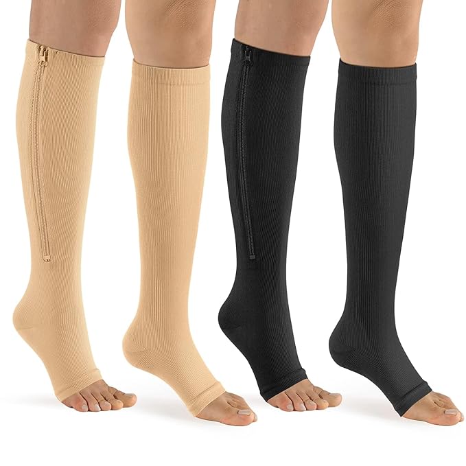 2 Pairs Compression Socks Toe Open Leg Support Stocking Knee High Socks with Zipper