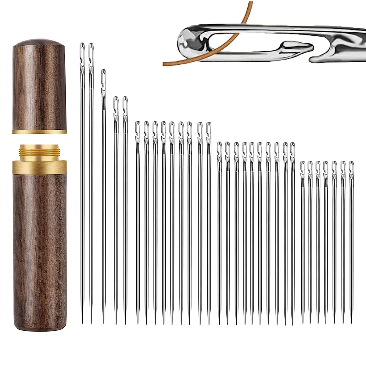 30pcs Needle Self-threading of Various Sizes with Wooden Case for Quilting, Embroidery, Hand Sewing
