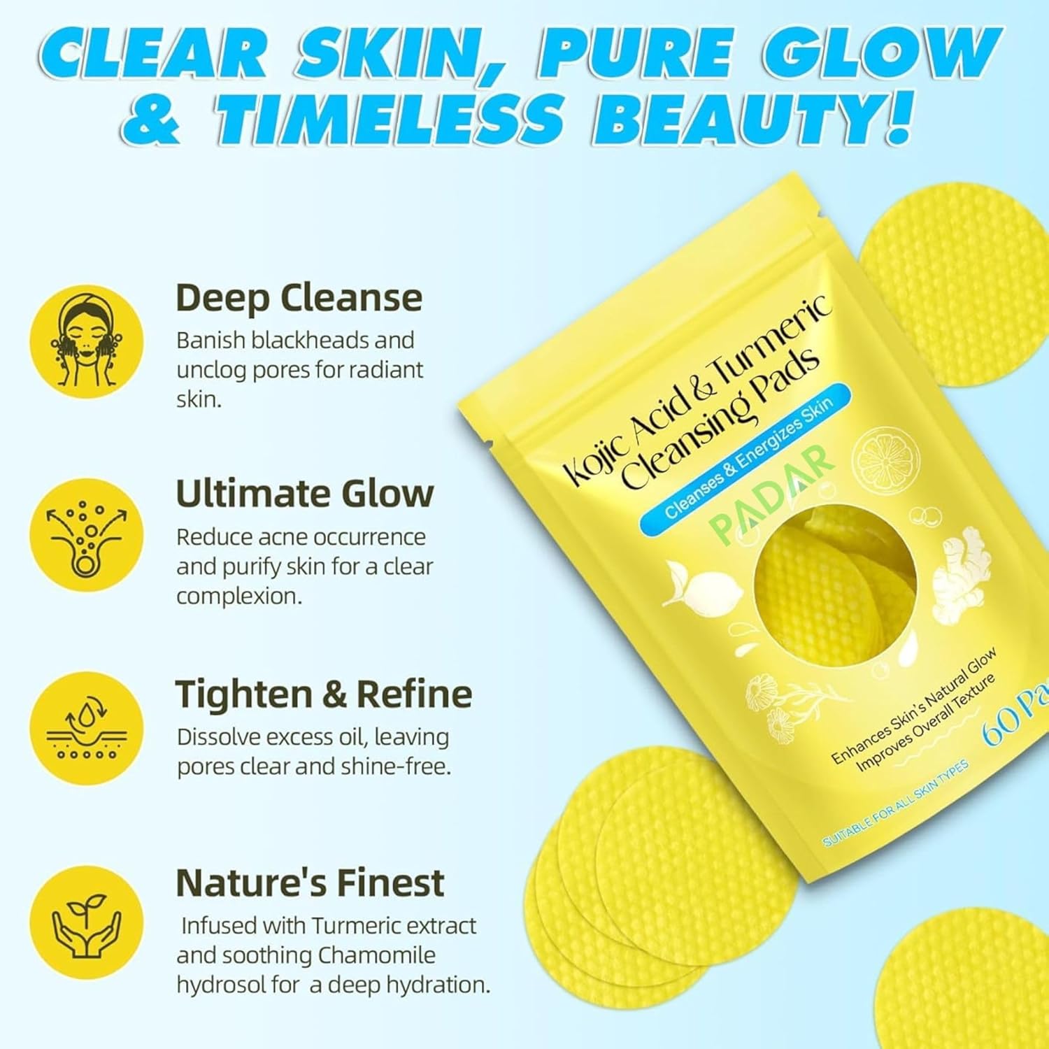 Turmeric & Kojic Acid Face Cleansing Foaming Pads for Dark Spots, Skin Brightening & Acne Prevention With Vitamin C, For All Skin Types (1 Pack (60 Pads))