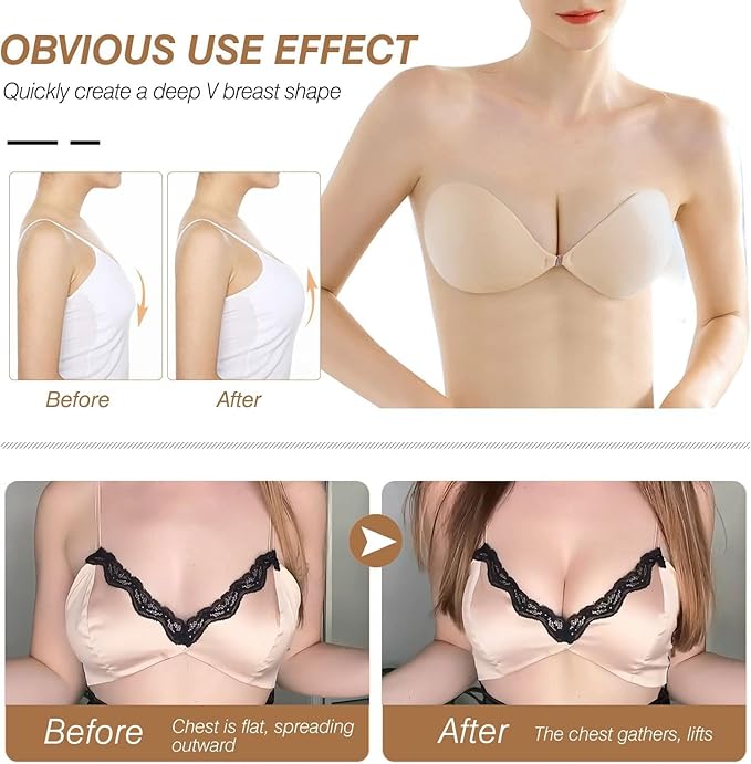 Strapless Sticky Push Up Bra for Women | Invisible Backless Silicone Adhesive Bra with Front Clasp | Reusable Free Size for Saree, Gown & Party Dress Combo Pack of 2
