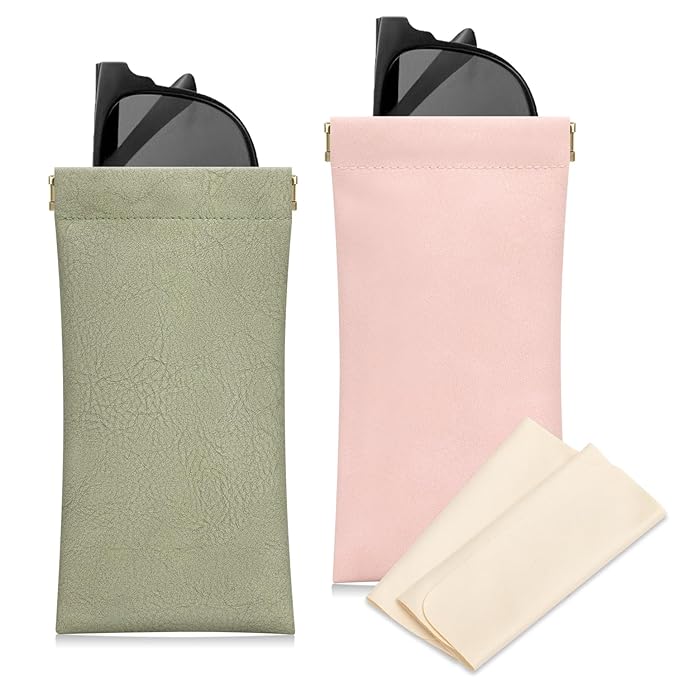 Sunglass Case, 2 Pcs Soft Eyeglass Cases for Women Portable Squeeze Top Leather Glasses Pouch