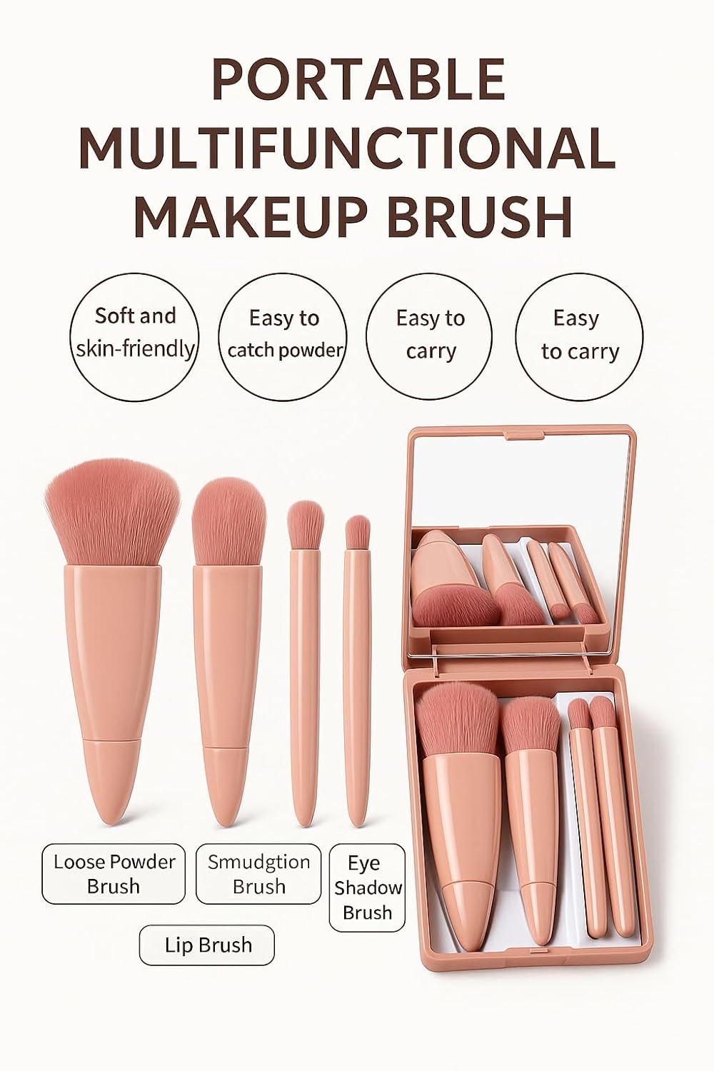 5-in-1 Mini Makeup Brush Set with Mirror – Travel-Friendly Foundation, Eyeshadow, Blush & Powder Brushes in Compact Case for Women & Girls