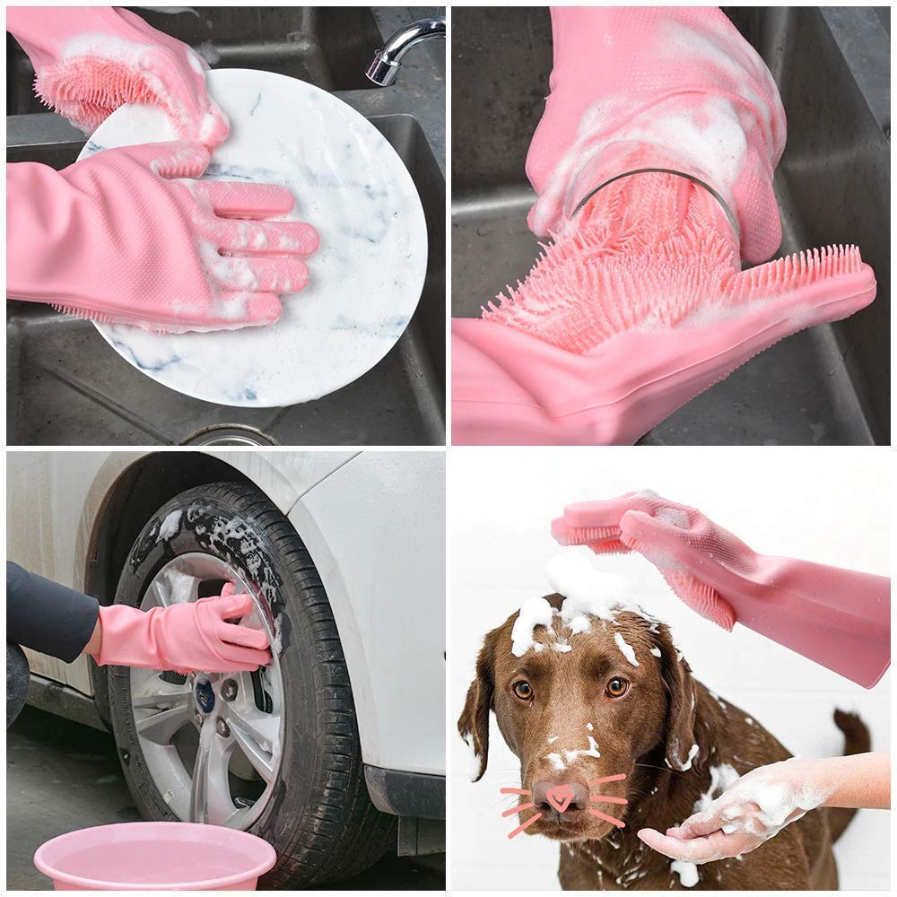 Gloves Magic Silicone Dish Washing Gloves, Silicon Cleaning Gloves, Silicon Hand Gloves for Kitchen Dishwashing and Pet Grooming, Great for Washing Dish, Car, Bathroom (Multicolour, 2 Pair)