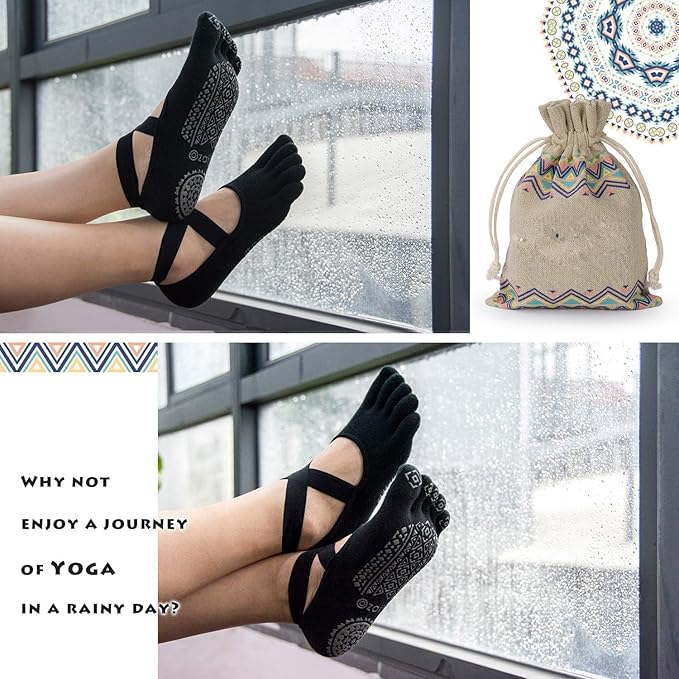 Non Slip Finger Yoga Socks For Women Girls,Anti Slip Five Toe Full Lenght Cotton Regular Socks For Gym Workout,Yoga For Girls Women At Home, Black (Pack Of 2, Total 4 piece)