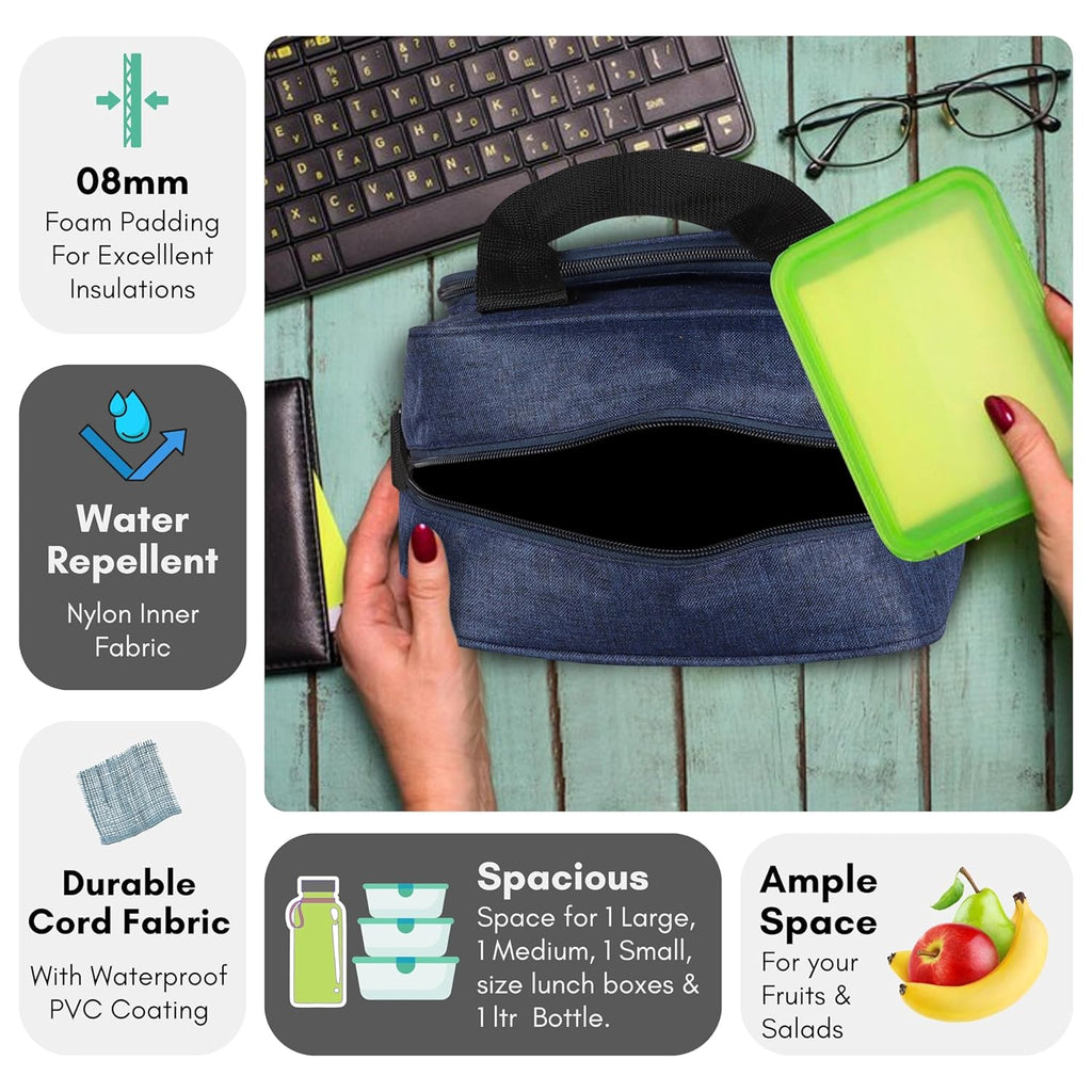 LOREM TB18 Insulated Tiffin Bag, Blue, PVC Coated Fabric, Water Repellent, Keeps Food Hot/Cold for 5-6 Hours (Blue)
