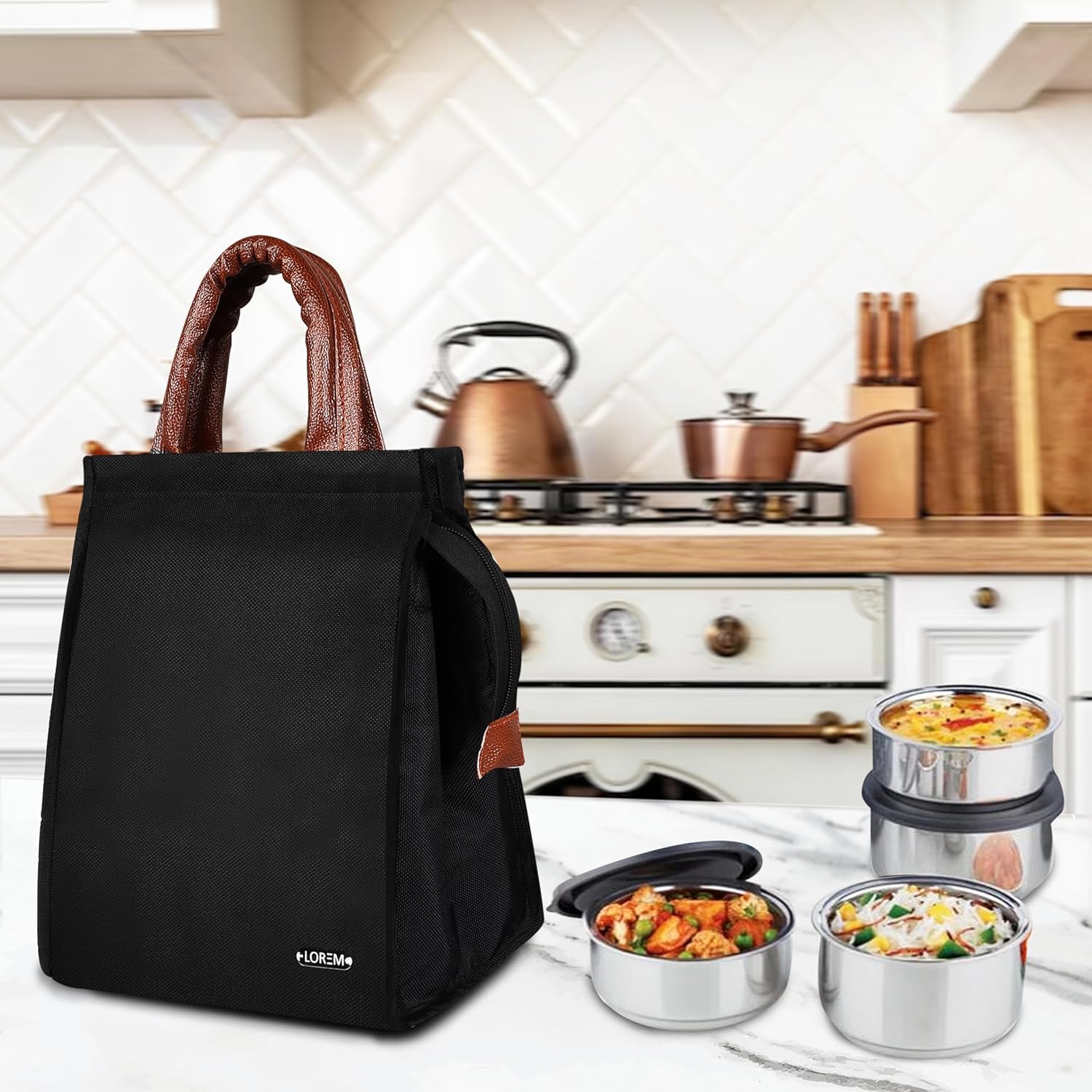 LOREM Black Color Insulated Travel Lunch/Tiffin/Storage Bag Leakproof Hot/Cold for Girls Boys Men Women Unisex, Office, College & School (Black)1 Liters,Leather