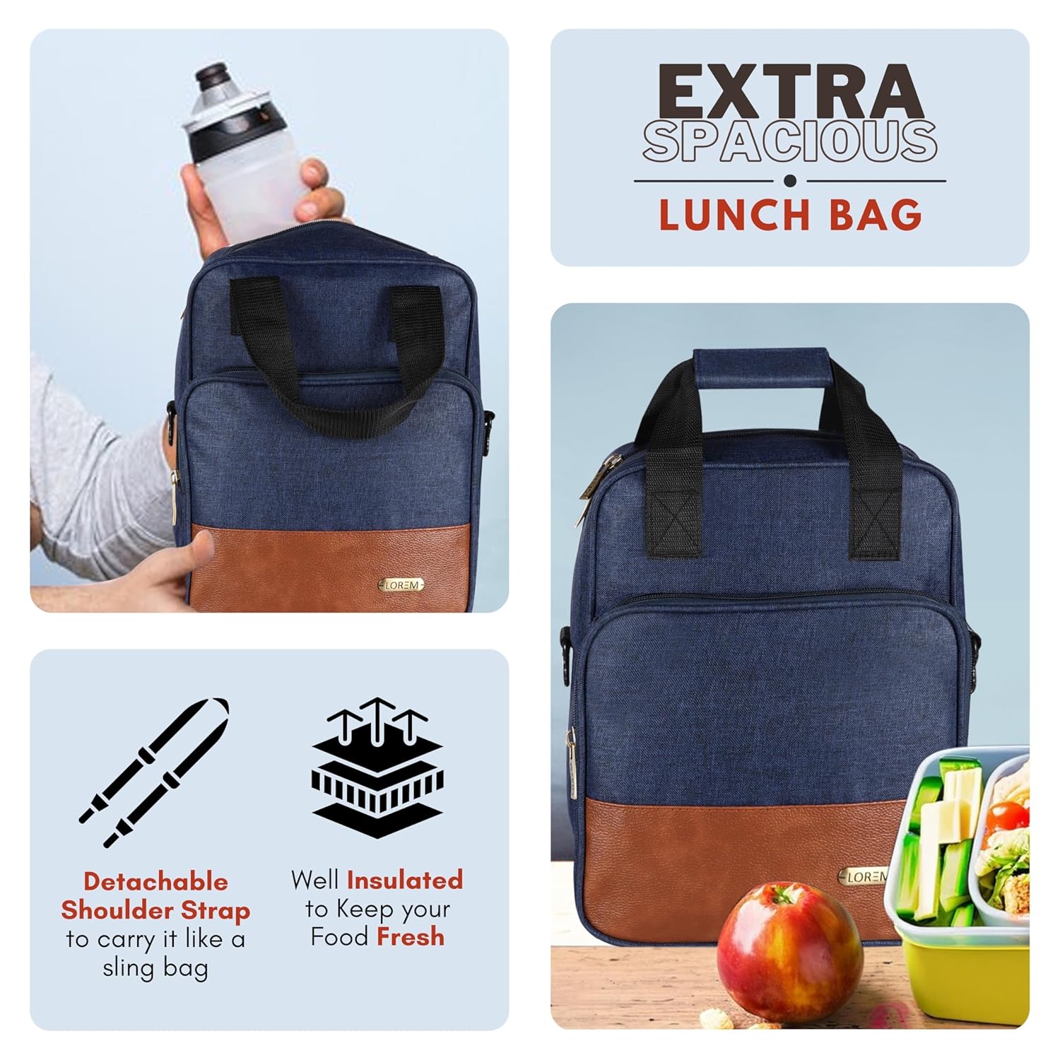 LOREM TB18 Insulated Tiffin Bag, Blue, PVC Coated Fabric, Water Repellent, Keeps Food Hot/Cold for 5-6 Hours (Blue)