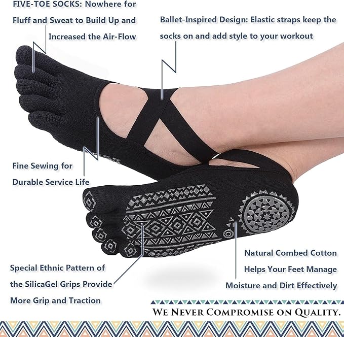 Non Slip Finger Yoga Socks For Women Girls,Anti Slip Five Toe Full Lenght Cotton Regular Socks For Gym Workout,Yoga For Girls Women At Home, Black (Pack Of 2, Total 4 piece)