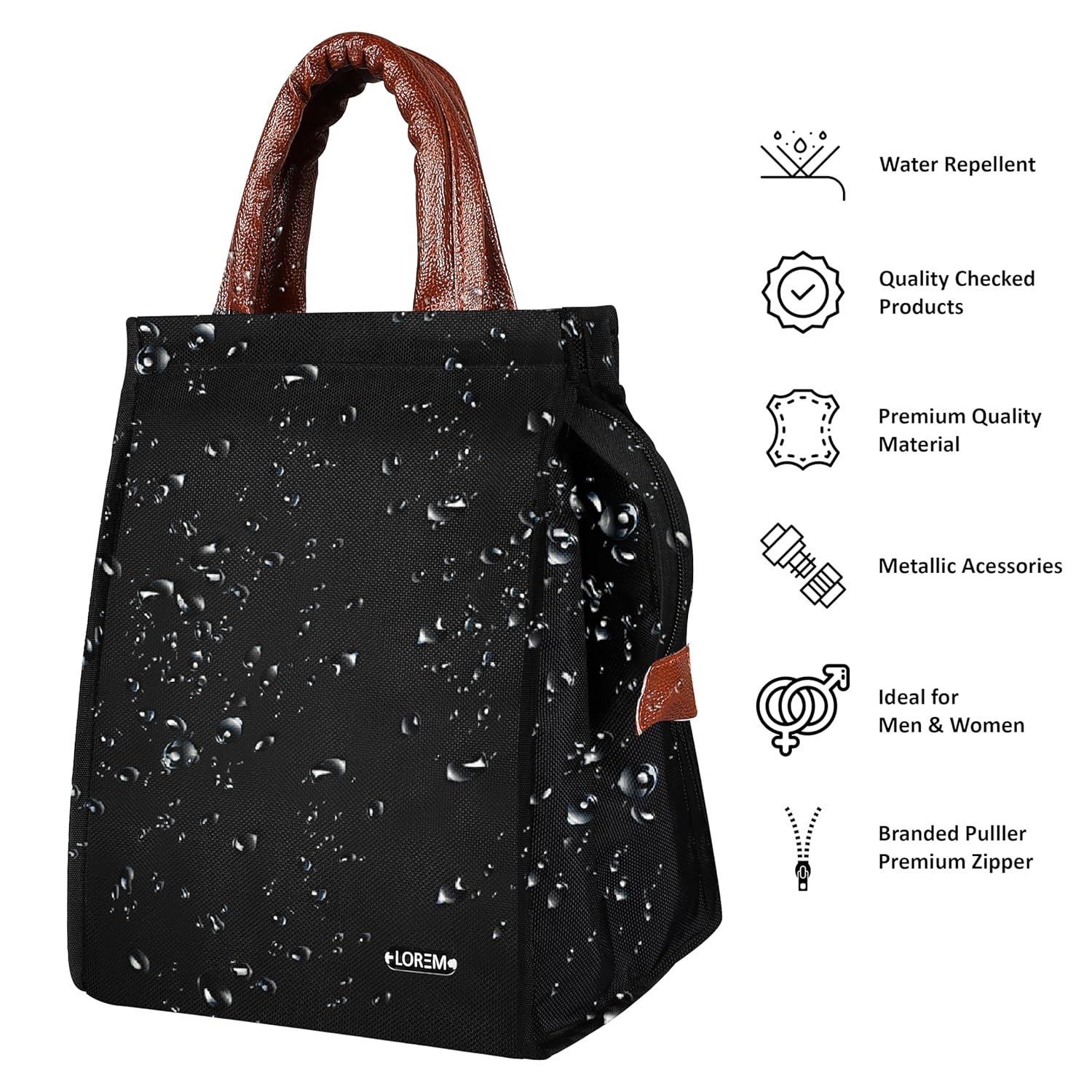 LOREM Black Color Insulated Travel Lunch/Tiffin/Storage Bag Leakproof Hot/Cold for Girls Boys Men Women Unisex, Office, College & School (Black)1 Liters,Leather