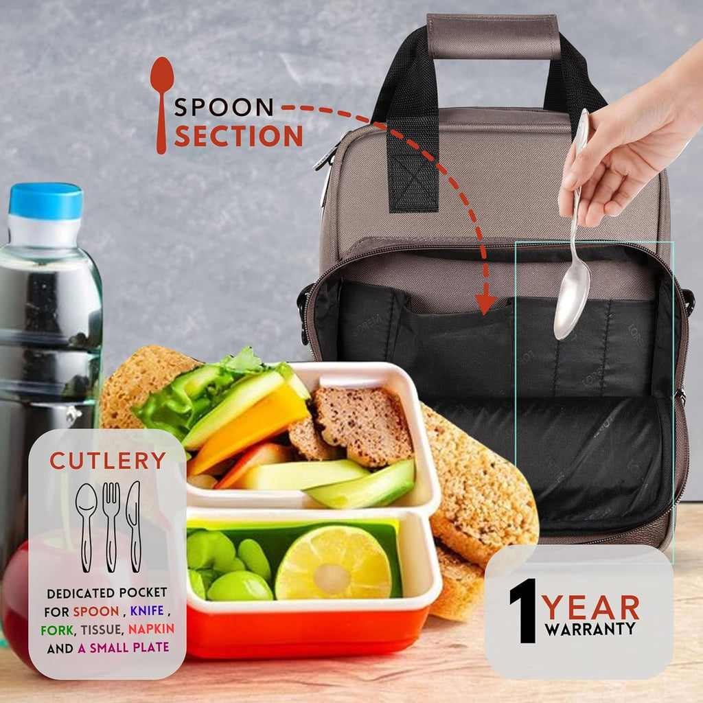 LOREM TB18 Insulated Tiffin Bag, Grey, PVC Coated Fabric, Water Repellent, Keeps Food Hot/Cold for 5-6 Hours (Creame), Travel Accessories