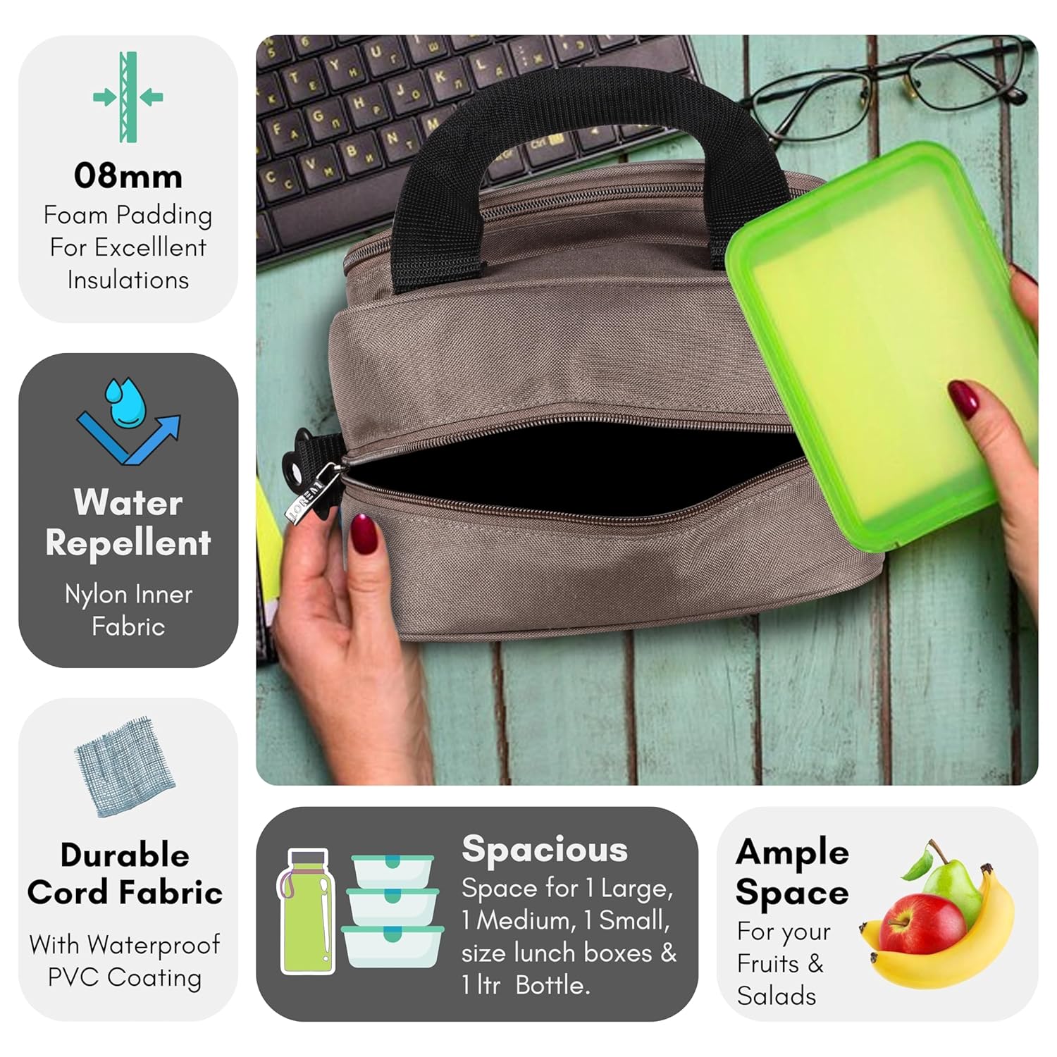 LOREM TB18 Insulated Tiffin Bag, Grey, PVC Coated Fabric, Water Repellent, Keeps Food Hot/Cold for 5-6 Hours (Creame), Travel Accessories