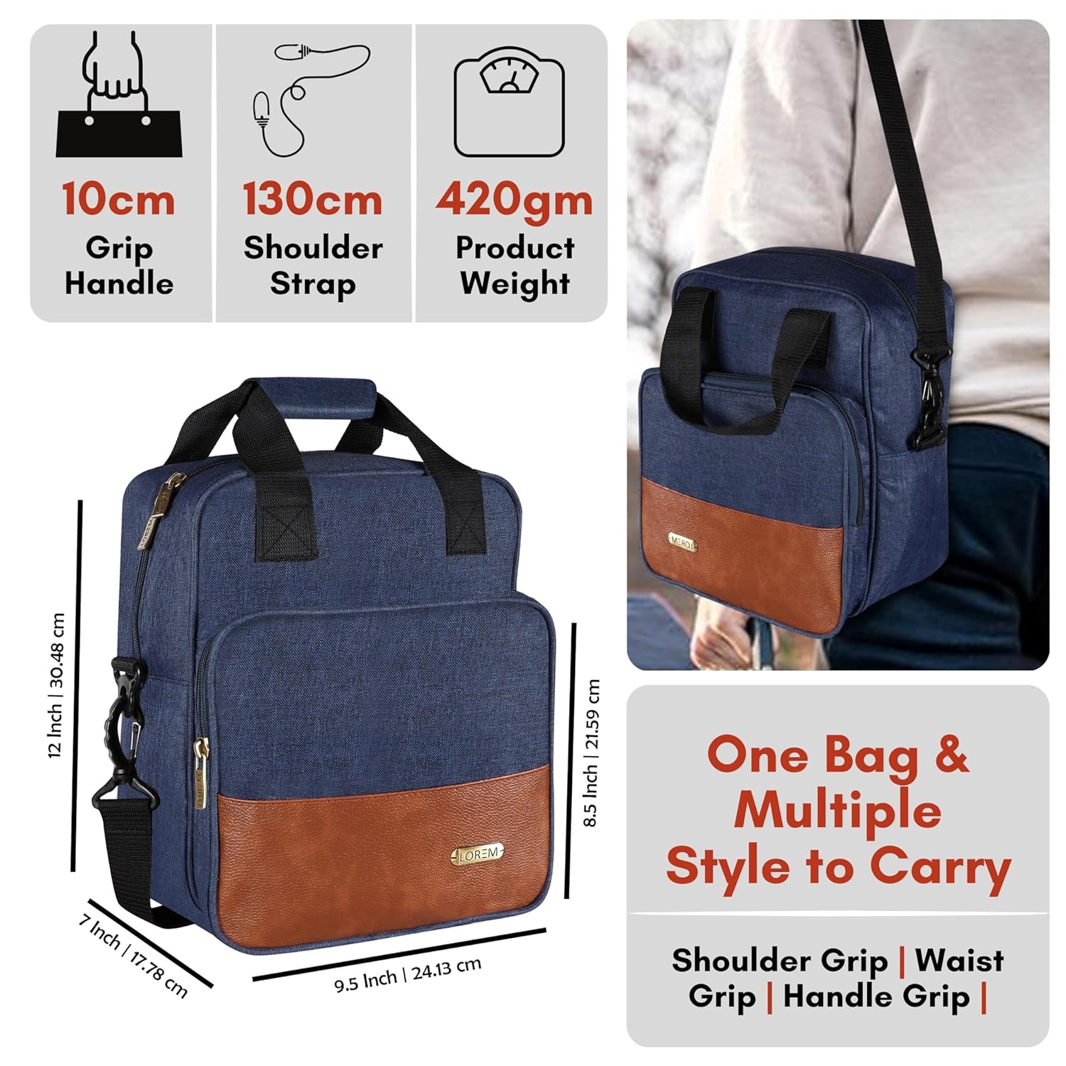 LOREM TB18 Insulated Tiffin Bag, Blue, PVC Coated Fabric, Water Repellent, Keeps Food Hot/Cold for 5-6 Hours (Blue)