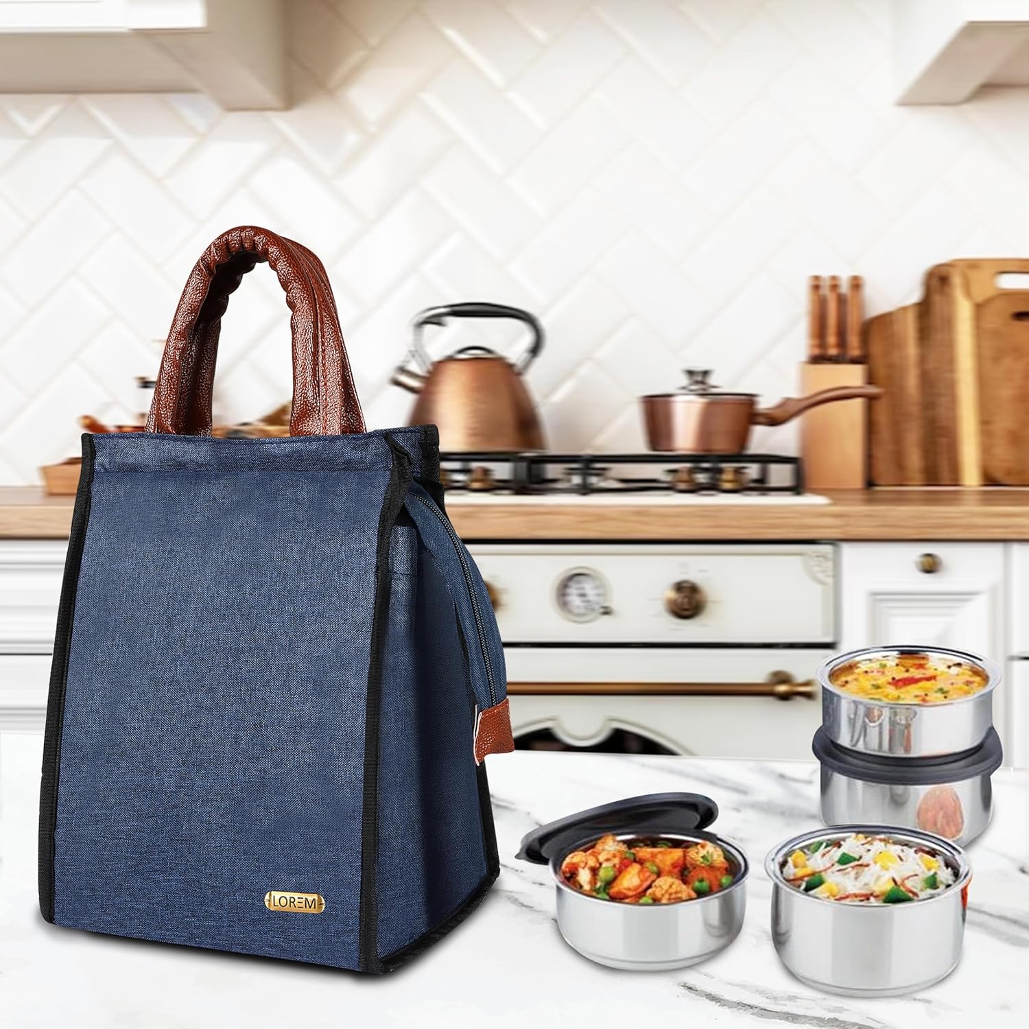 Faux Leather Blue Color Insulated Lunch Tote with Zipper Closure & Handle, Waterproof Reusable Lunch Bag for School, Office, Camping, Outdoor Activities (Blue), 11 Litre