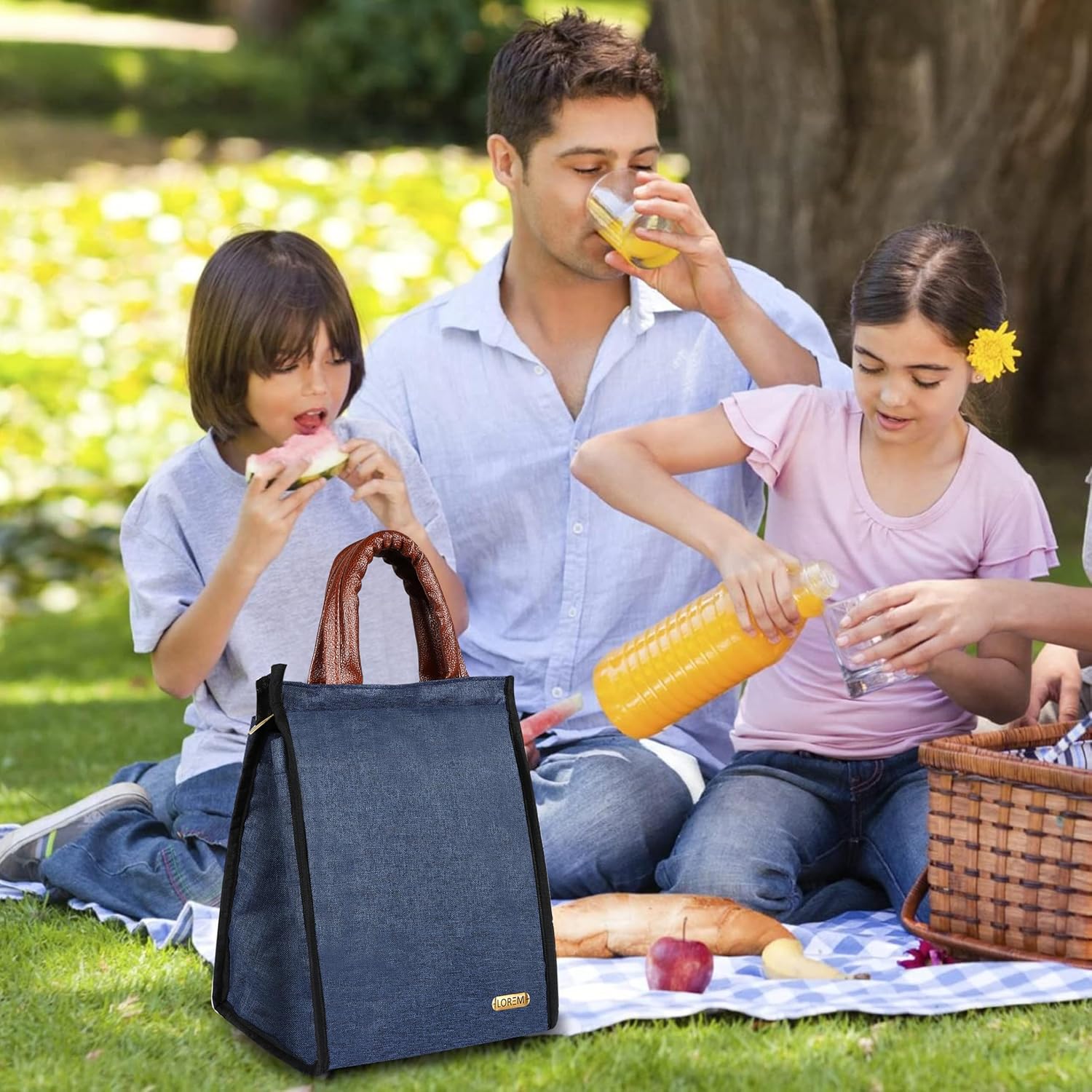 Faux Leather Blue Color Insulated Lunch Tote with Zipper Closure & Handle, Waterproof Reusable Lunch Bag for School, Office, Camping, Outdoor Activities (Blue), 11 Litre