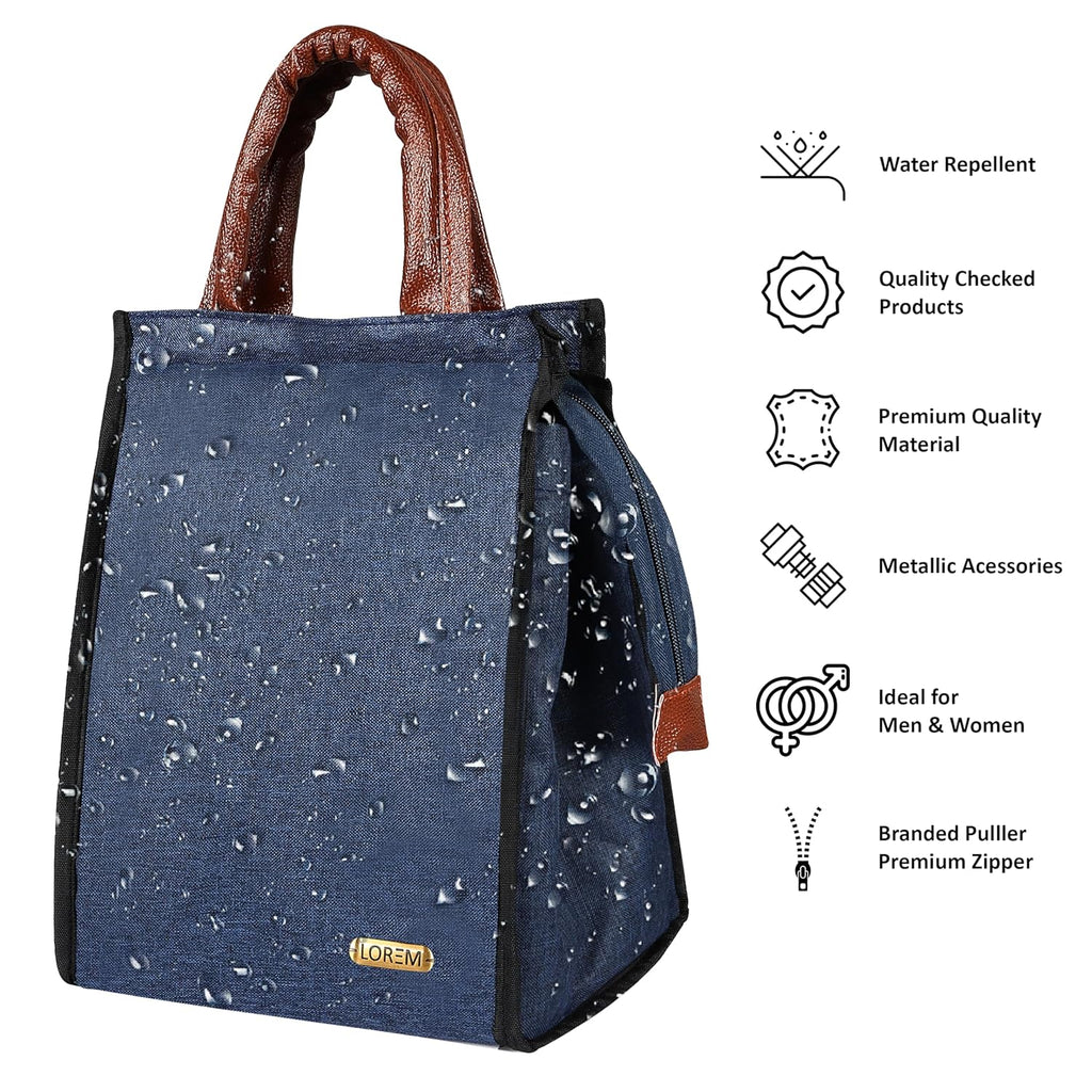 Faux Leather Blue Color Insulated Lunch Tote with Zipper Closure & Handle, Waterproof Reusable Lunch Bag for School, Office, Camping, Outdoor Activities (Blue), 11 Litre