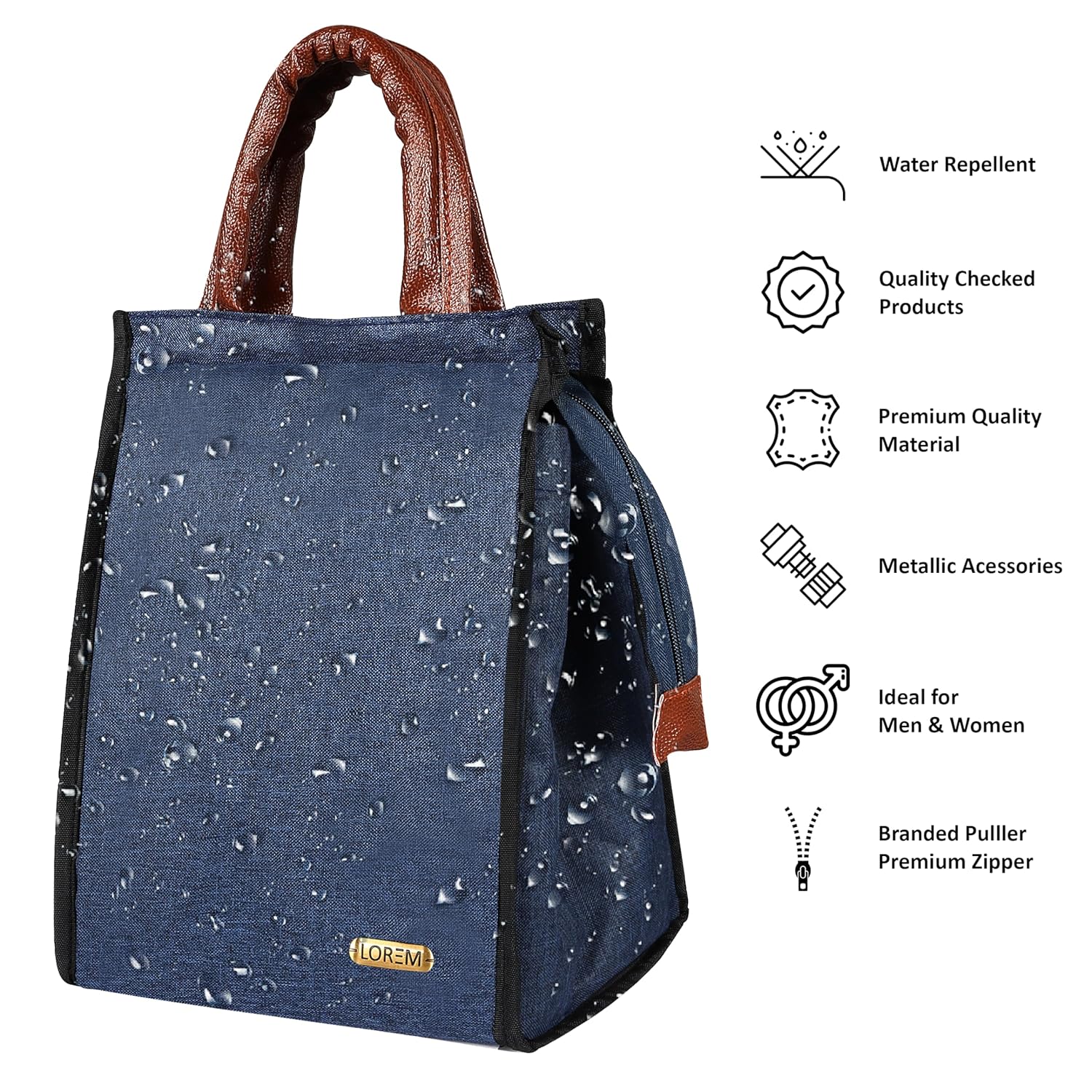 Faux Leather Blue Color Insulated Lunch Tote with Zipper Closure & Handle, Waterproof Reusable Lunch Bag for School, Office, Camping, Outdoor Activities (Blue), 11 Litre