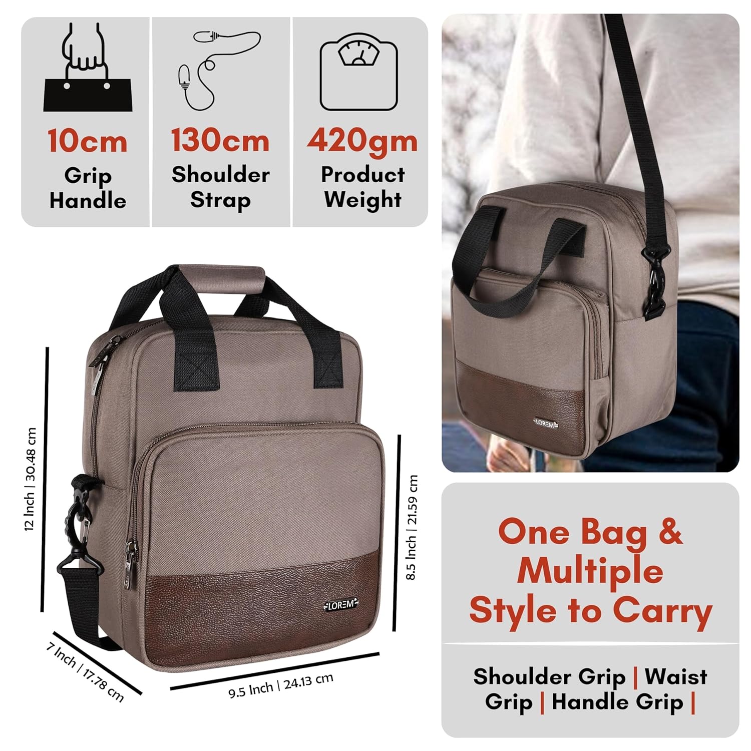 LOREM TB18 Insulated Tiffin Bag, Grey, PVC Coated Fabric, Water Repellent, Keeps Food Hot/Cold for 5-6 Hours (Creame), Travel Accessories